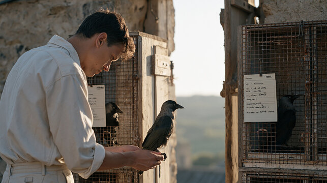 Wildlife rehabilitator in a rural stone barn tends to two jackdaws in adjacent enclosures, a handwritten assessment card pinned to each cage documenting recovery stages, misty