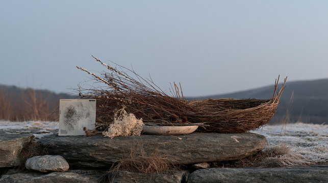Twilight blue hour over a frost covered hillside where a symbolic still life of half woven willow basketry, an exoplanet atmospheric spectrograph printout, and dried winter