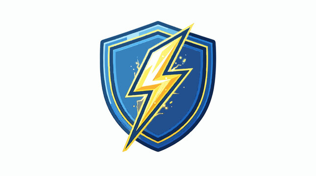 Blue shield emblem with glowing yellow lightning bolt in the center. Vector icon with glossy effect and spark particles. Concept of cyber security, protection, energy, power, speed, boost and defense.