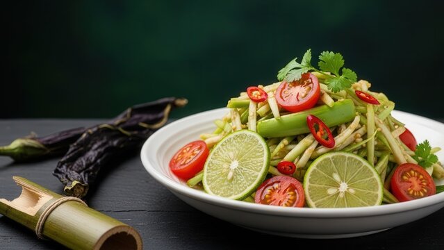 Gourmet Tam Mak Khua green eggplant and tomato salad, minimalist presentation with deep green copy space