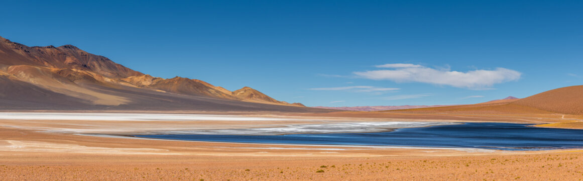 View of the La Pacana caldera with its salt flats and surrounding volcanic mountains under a clear blue sky in San Pedro de Atacama, Antofagasta, Chile.