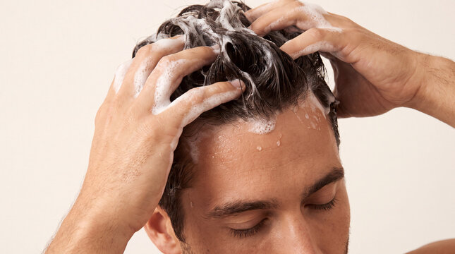 Man washing hair with rich shampoo foam massaging scalp in close-up beauty shot