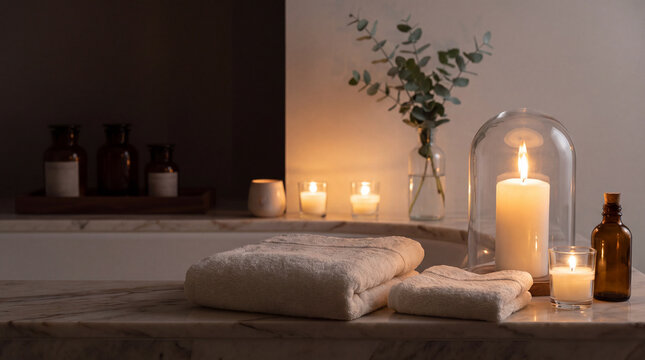 Spa bathroom still life with folded towels candles eucalyptus and amber bottles