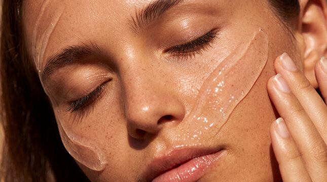 Close-up of freckled woman applying clear gel serum on glowing dewy skin