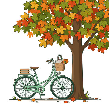 Bicycle parked near a maple tree with autumn leaves in a flat vector design