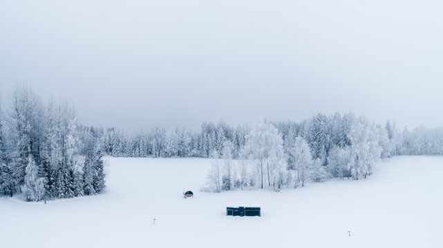 Aerial view of a snow-covered landscape with a frost-covered forest and a small cabin in the middle of a vast white field in Latvia.