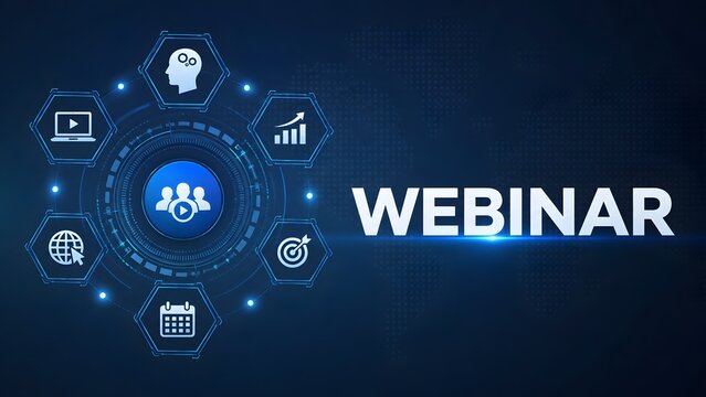 Webinar digital interface concept with glowing technological networking icons representing online education conference and virtual business meeting