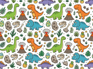 Cute cartoon dinosaurs and prehistoric elements pattern © Dedas