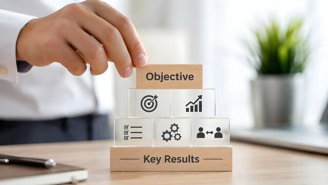 Objective and key results concept with hand building wooden block structure showing OKR business management strategy and goal planning