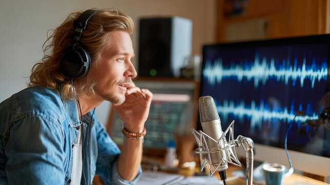 Voice Actor Records in Studio as Artificial Intelligence Voice Cloning Threatens Creative Jobs and Human Performance