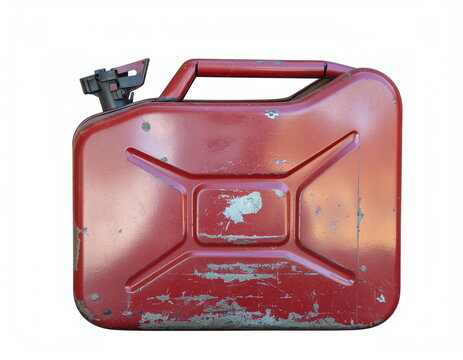Old scratched red metal jerry can used for storing gasoline and fuel