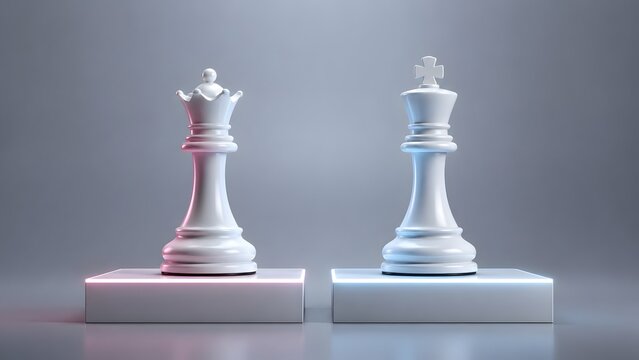 Chess king queen strategy concept with white pieces standing on glowing neon pedestals symbolizing business leadership and competitive challenge