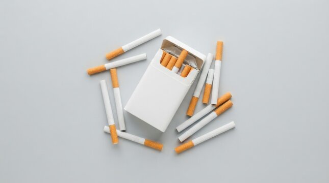 Cigarette Pack with Rolled Cigarettes on Gray Background