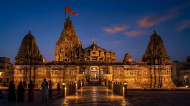Dwarkadhish Temple Illuminated at Dusk with Flag Flying High.
