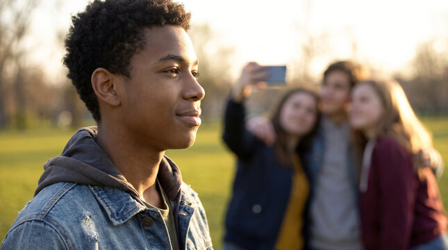 Black teenage boy standing near friends taking selfie