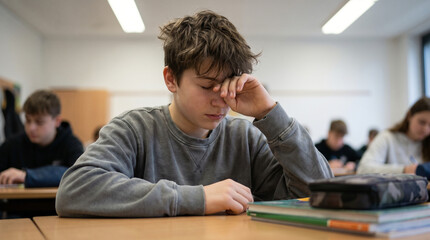 Fototapeta premium Tired teenage boy rubbing eyes in school classroom
