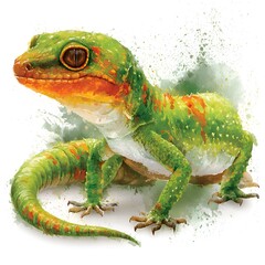 Fototapeta premium Vibrant watercolor illustration of a green and orange gecko with expressive eyes