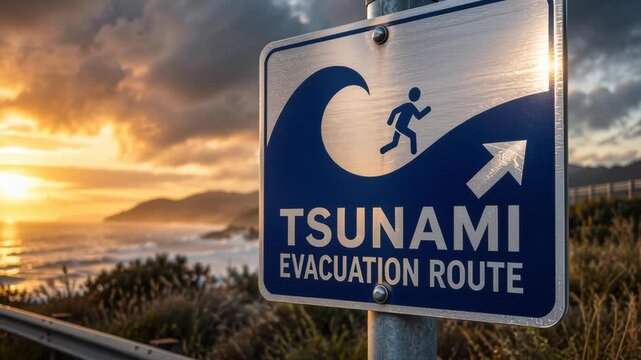 Tsunami Evacuation Route Sign with Slow Moving Storm Clouds at Sunset