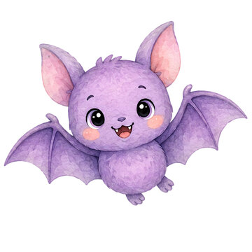 Watercolor cute baby bat flying halloween character illustration