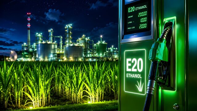 Green ethanol gas pump nozzle near a crop field and illuminated refinery at night. Concept of renewable biofuel for environmental sustainability.
