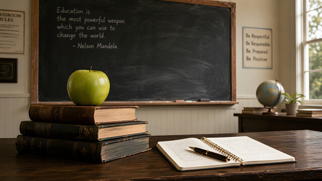 Vintage school setting with books apple chalkboard and open notebook