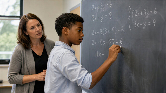 Teacher supervising a male student solving algebra equations on a chalkboard in a classroom.