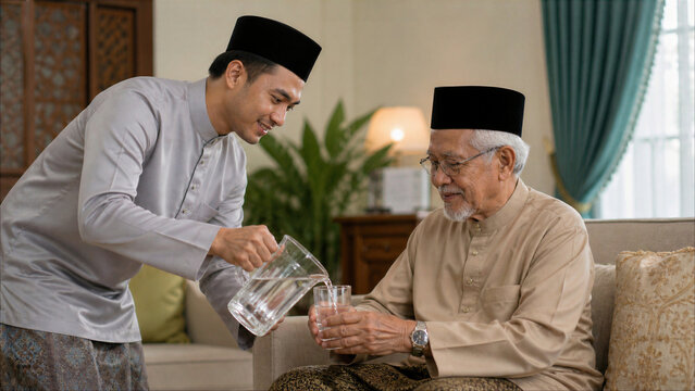 Young Malay man in traditional Baju Melayu pouring water for his elderly father at home, showing respect and filial piety.