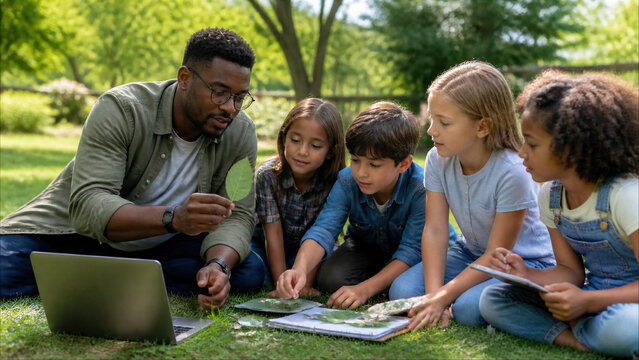 African American Teacher Leading Outdoor Science Lesson with Diverse Group of Children in Park Using Laptop to Study Nature and Leaves