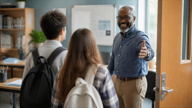 Friendly Black male teacher smiling and welcoming students into a modern classroom with an open hand gesture