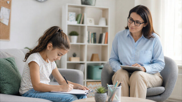 Professional female therapist looking at young girl writing on clipboard during counseling session in a bright office