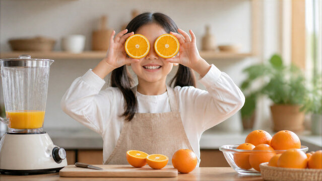 Happy little girl holding orange slices over eyes as fun glasses in the kitchen