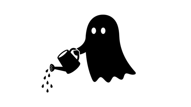 Halloween Ghost watering plants, cute poltergeist with can, Halloween gardening icon, spooky character illustration, black silhouette graphic, holiday symbol isolated on White Background vector