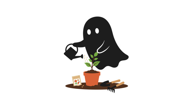 Halloween Cute black ghost gardening with watering can, potted plant and tools. Silhouette vector illustration isolated on White Background vector