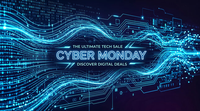 Digital Cyber Monday Online Shopping Event Banner Featuring Abstract Glowing Data Streams and Circuit Board Technology Background