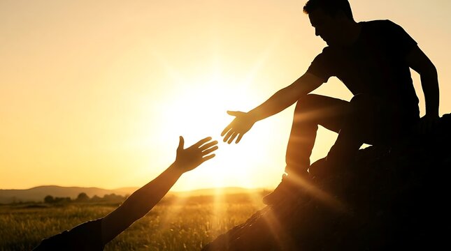 Silhouette of a man reaching out a helping hand to another person on a mountain during bright sunset