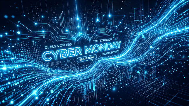 Abstract digital background featuring glowing data streams and neon circuit board patterns for online promotional shopping event concepts