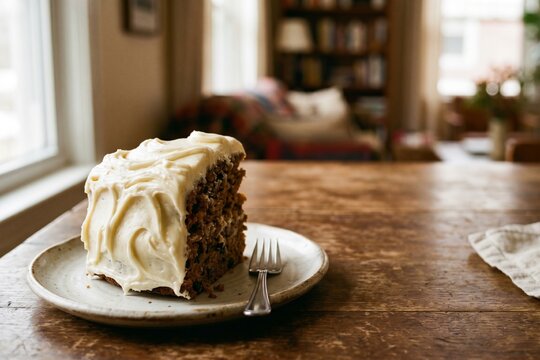 Frosted Carrot Cake Slice on Wooden Table