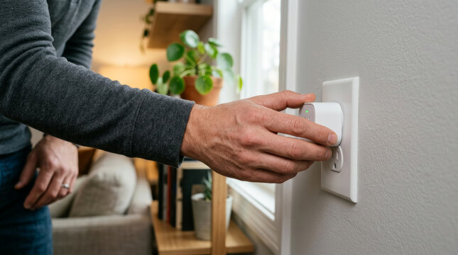 Man plugging smart home device into electrical outlet for automation and convenience