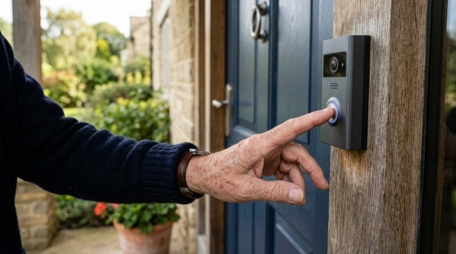 Elderly person pressing smart doorbell button on wooden post outside house