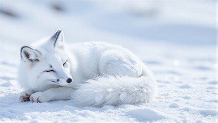Naklejka premium White Arctic fox sleeps peacefully in snowy landscape, fur glowing softly under sunlight.