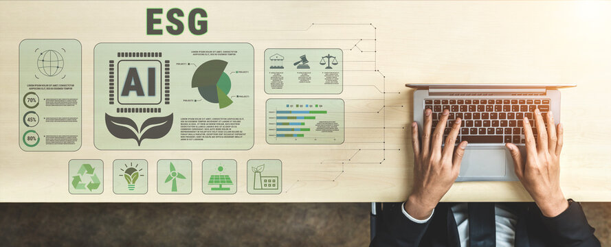 Office worker using laptop to analyze ESG data with AI tools and graphs showcasing sustainability metrics and corporate responsibility initiatives Quark.