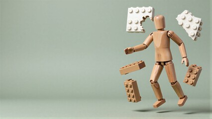 Fototapeta premium Wooden figure joyfully leaps among floating LEGO bricks against a soft green backdrop.
