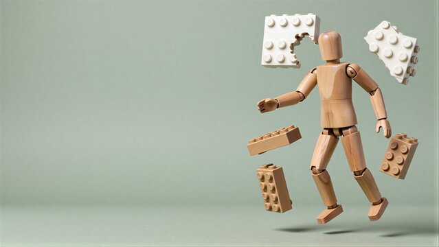 Wooden figure joyfully leaps among floating LEGO bricks against a soft green backdrop.