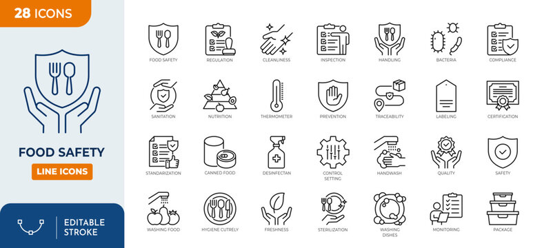 Food Safety line editable icon set. Containing food, safety, hygiene, sanitation, nourishment, inspection, protection, health, laboratory, quality, and more. Vector illustration