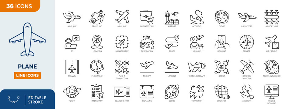 Plane line editable icon set. Vector illustration