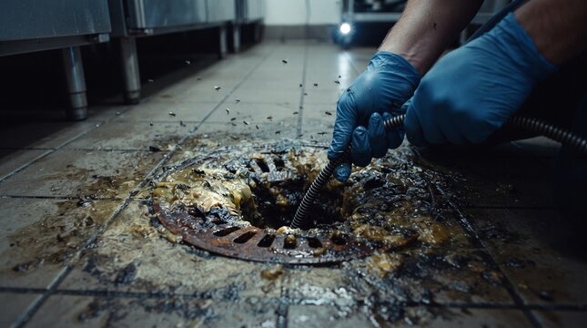 Professional plumber cleaning clogged floor drain, commercial kitchen drainage maintenance, worker in blue gloves clearing blocked sewer pipe