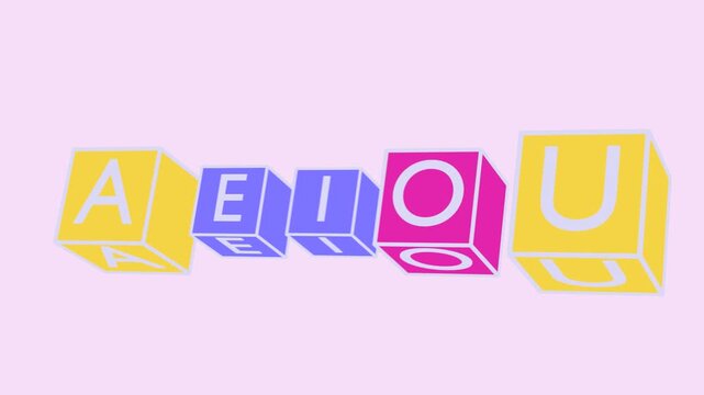 3D Rotating Cubes with the Five Spanish Vowels A E I O U in Kinetic Typography on White Background