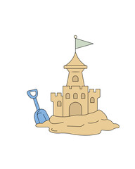 Hand Drawn Sand Castle Doodle with Blue Toy Shovel