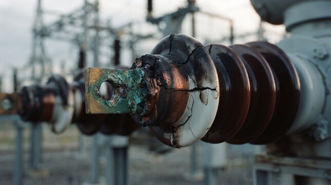 Burnt electrical porcelin insulator, high voltage transformer damage, utility infrastructure failure, power grid maintenance concept, industrial equipment corrosion, energy outage caution