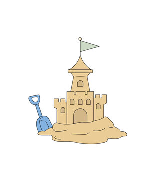 Hand Drawn Sand Castle Doodle with Blue Toy Shovel